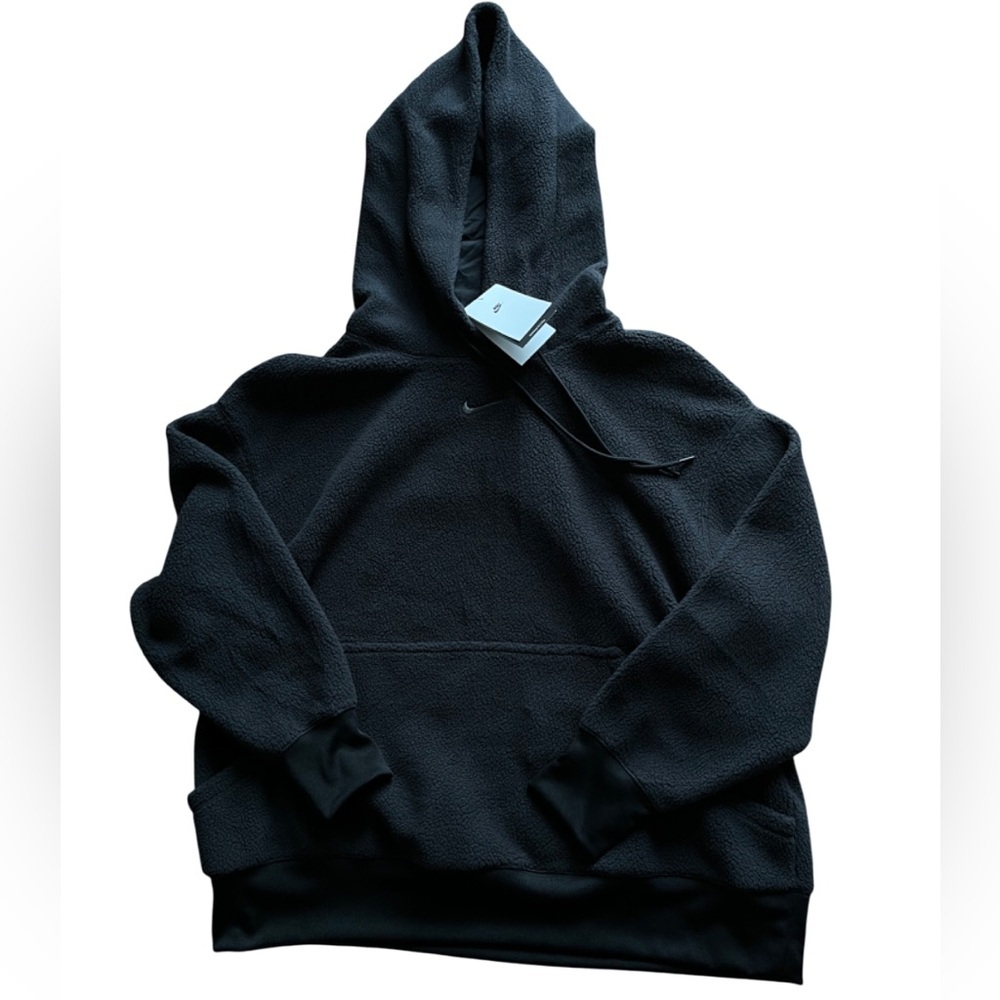 NWT Nike Women's Black Fuzzy Fleece Hoodie Sweatshirt center swoosh S…